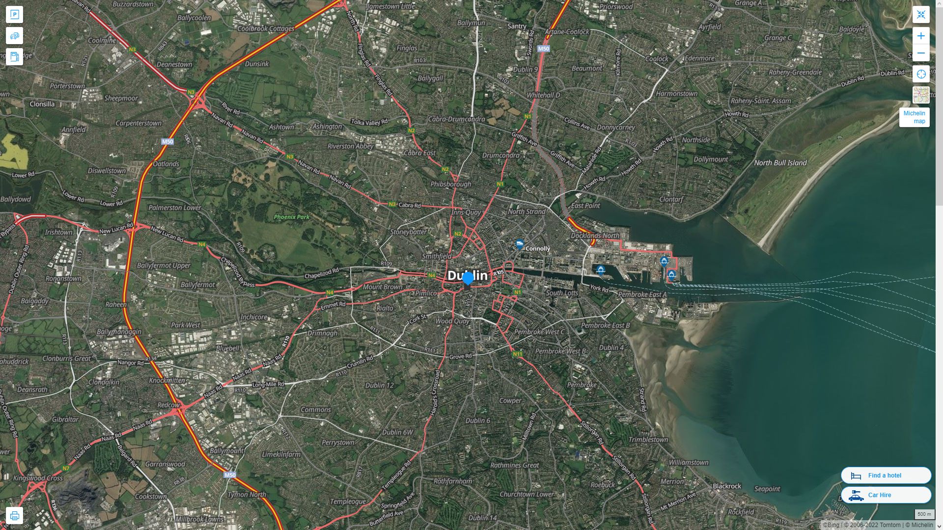Dublin Irlande Autoroute et carte routiere avec vue satellite